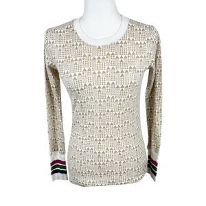 OP Sweater Women Medium White Brown Pullover Graphic Waffle Knit Crew Juniors